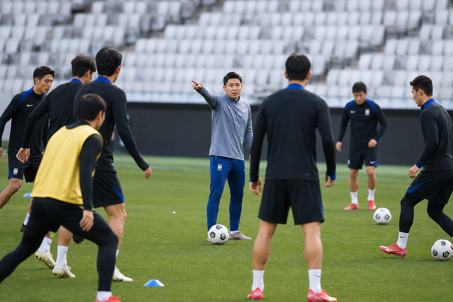 월드컵 경기장, 축구 국가대표, 전술 훈련 기사 영향과 배경을 설명하는 이미지 - 남아공이 선수 개별의 ‘스타성’ 대신 팀 단위로 경기 운영을 할 가능성이 높다면, 한국은 중원에서의 공수 연결을 안정시키고 측면에서의 전진 혹...