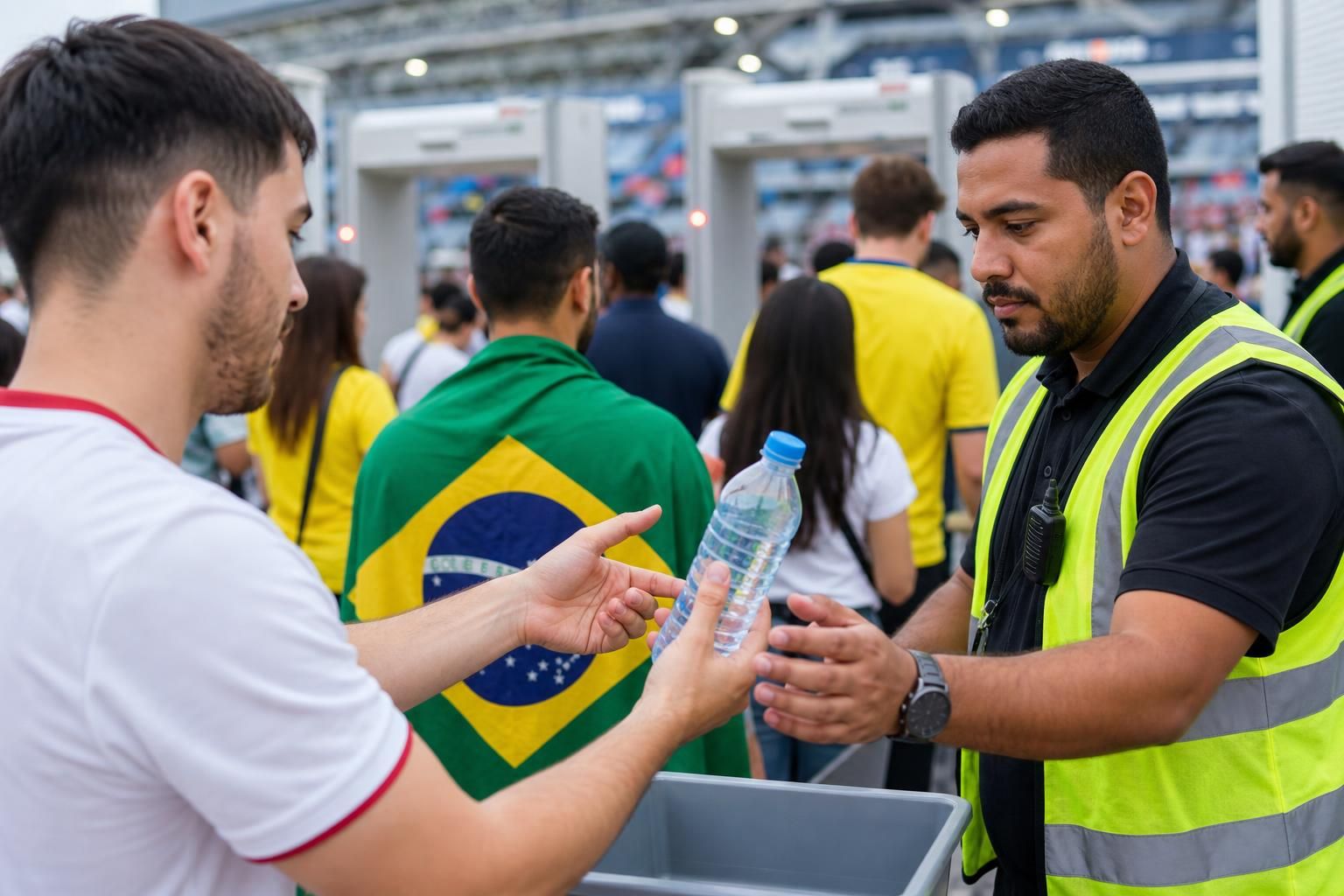 FIFA 월드컵 경기장, 관중 안전, 물병 반입 기사 영향과 배경을 설명하는 이미지 - 규정이 바뀐다고 해도, 관중들이 이를 정확히 인지하지 못하면 검색대에서 대기 시간이 늘거나 일부 소지품이 반출·폐기되는 상황이 발생할 수...