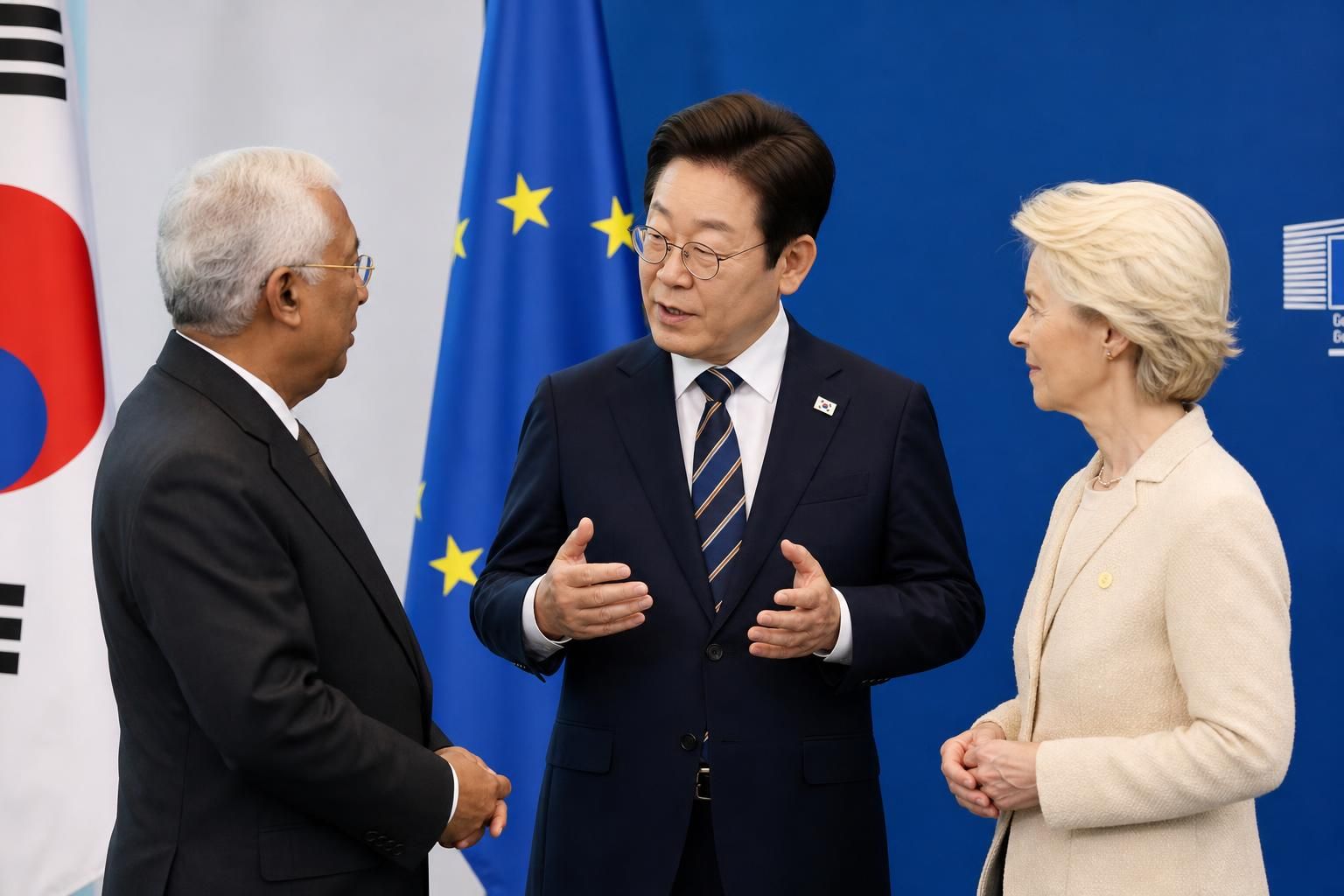 EU 정상회담, 자주국방, 러북 군사협력 기사 핵심 맥락을 보여주는 이미지 - 앞서 이 대통령은 전날 EU 본부에서 EU 정상회의 상임의장인 안토니오 코스타, 집행위원장 폰 데어 라이엔과 정상회담을 갖고 양측의 협력 방향을....