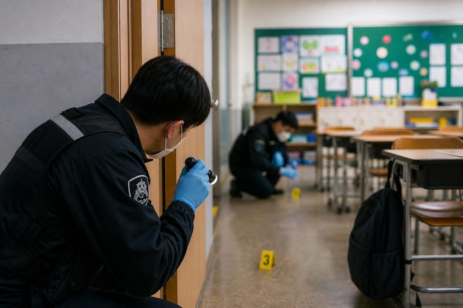 학교 보안, 교실, 수사 기사 영향과 배경을 설명하는 이미지 - 학교는 수업 운영에 차질이 생길 수 있고, 피해 학생과 가족의 불안도 커질 수 있다. 따라서 경찰 수사와 별개로 학교 현장에서는 출입 통제 강화...