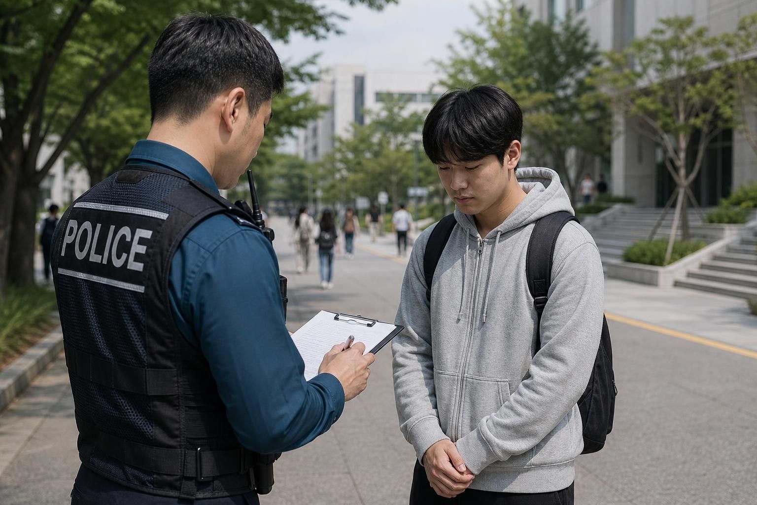 대학 캠퍼스, 경찰수사, 위협 예고 기사 영향과 배경을 설명하는 이미지 - 이 때문에 경찰은 글의 문장 구성과 표현 방식, 작성 시점과 반복성, 실제 지인이나 학교 구성원에게 전달되는 과정이 있었는지 등을 종합적으로 검...