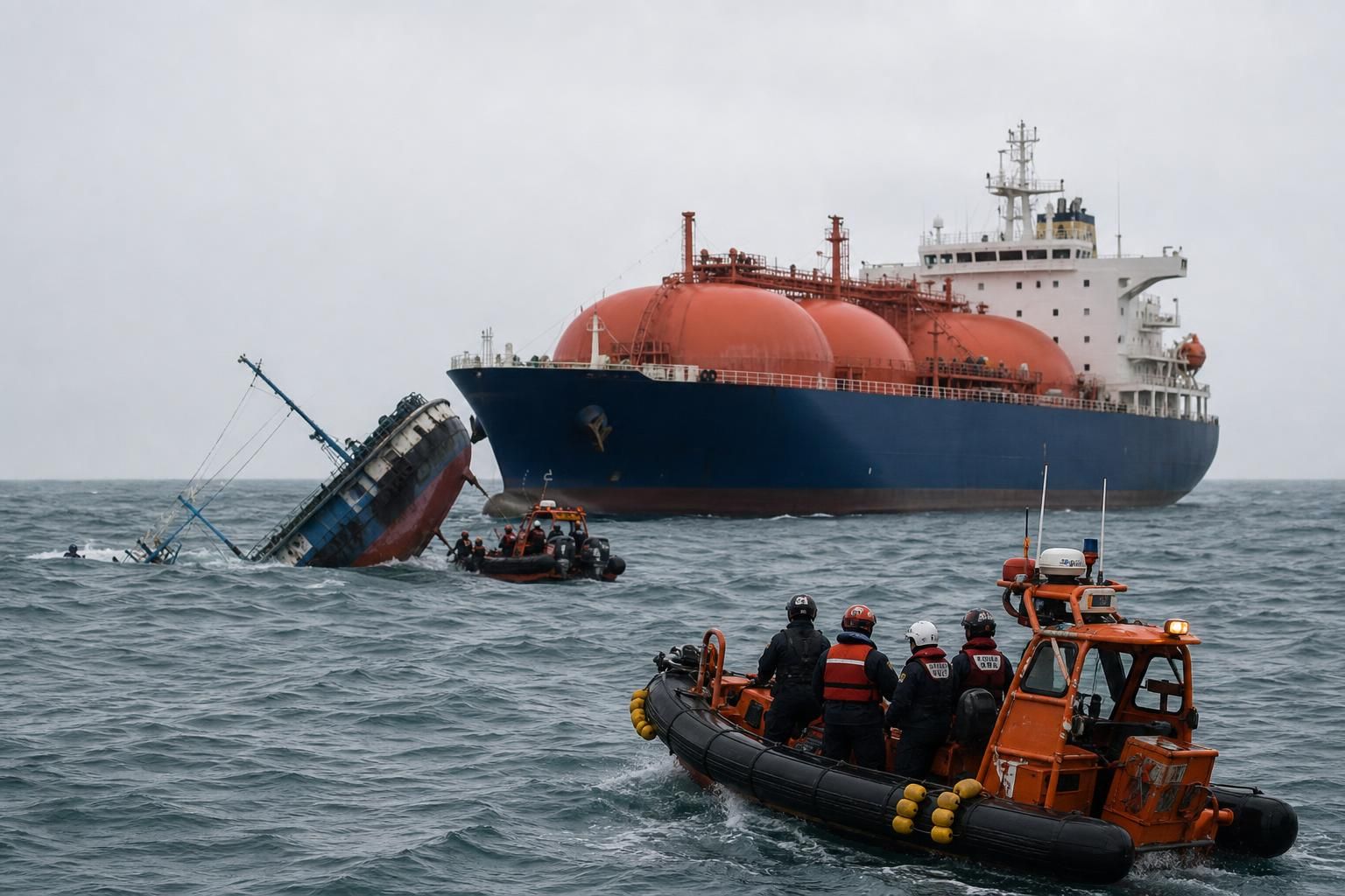 LPG 운반선 사고 기사 핵심 맥락을 보여주는 이미지 - 보도에 따르면 사고는 부산 기장 앞바다에서 일어났다. 당시 어선과 LPG 운반선이 충돌하면서 어선이 침몰했고, 이에 따라 선원 2명이 바다에 빠...