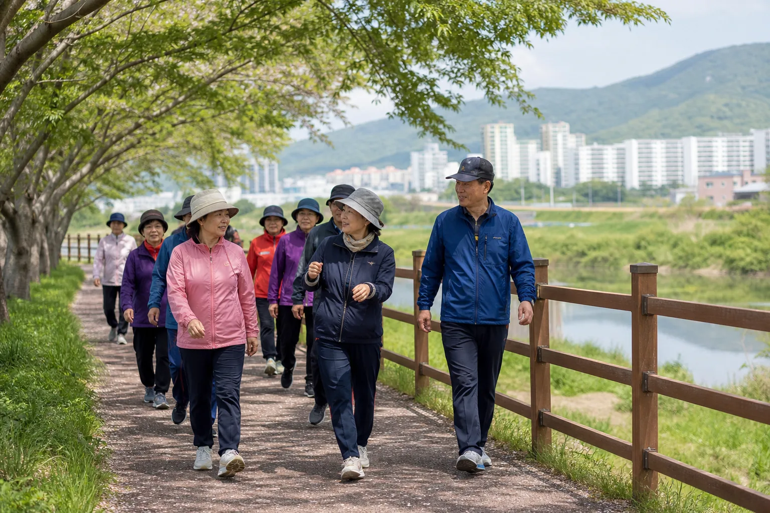 주민들이 보건소 걷기 지도자와 함께 마을길을 걷는 건강증진사업 이미지