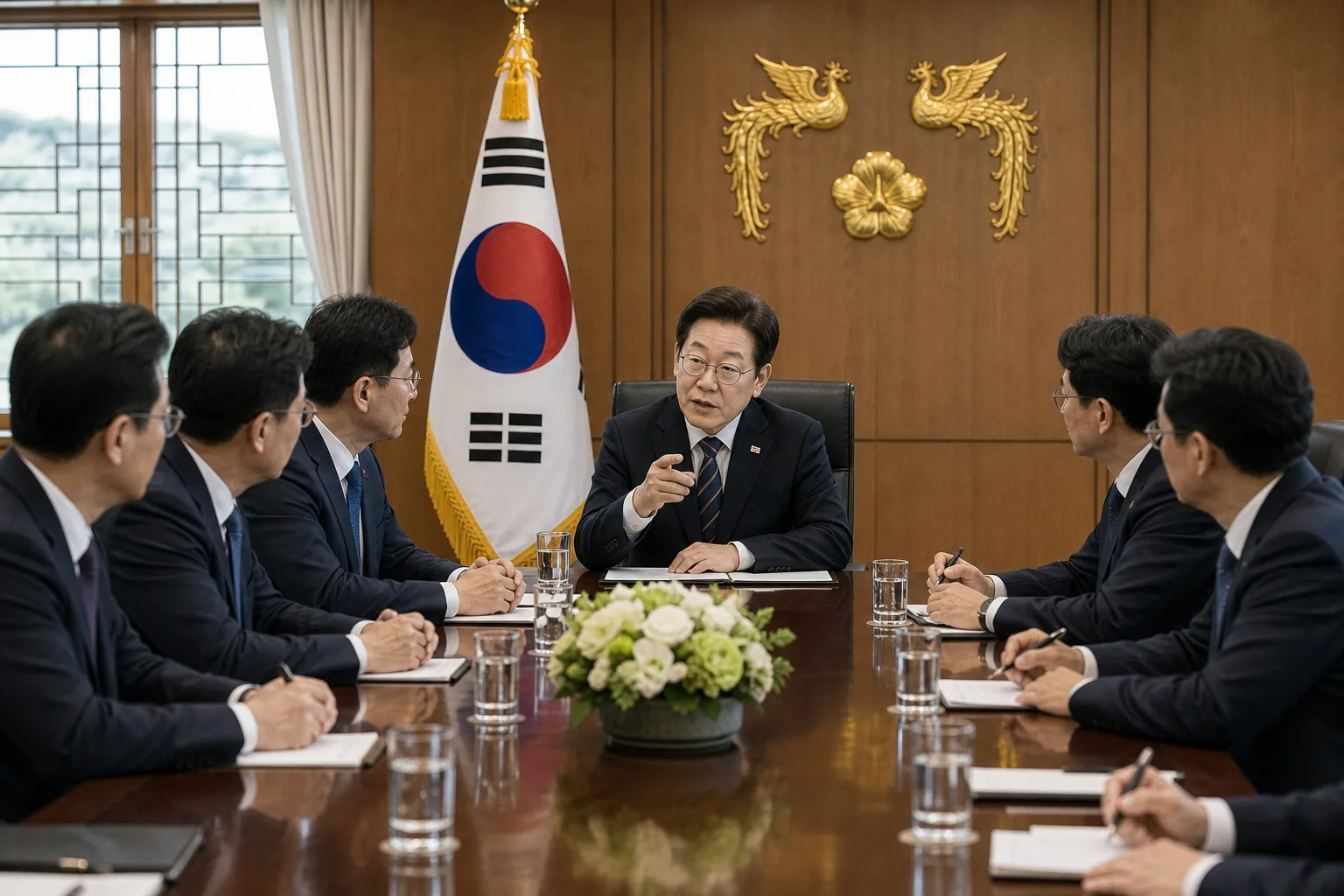 민주당 전당대회와 국정 운영 논쟁을 나타내는 정치 이미지