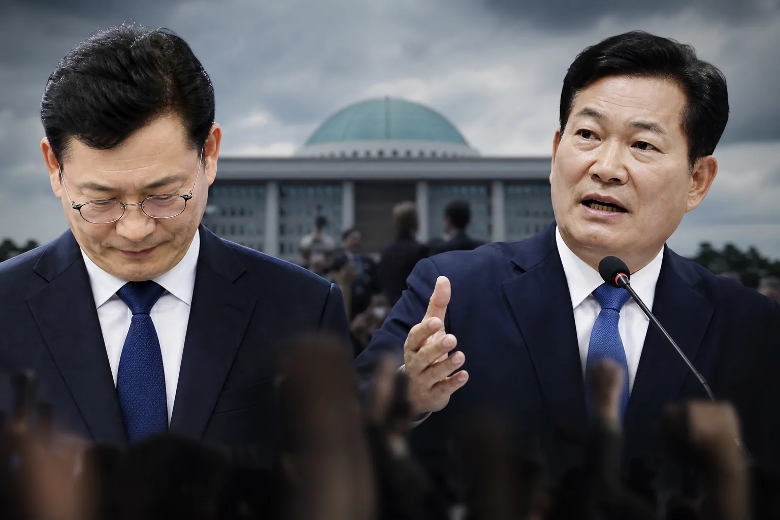 노무현 전 대통령 정치 유산을 둘러싼 민주당 내부 경쟁 구도를 표현한 정치 뉴스 이미지