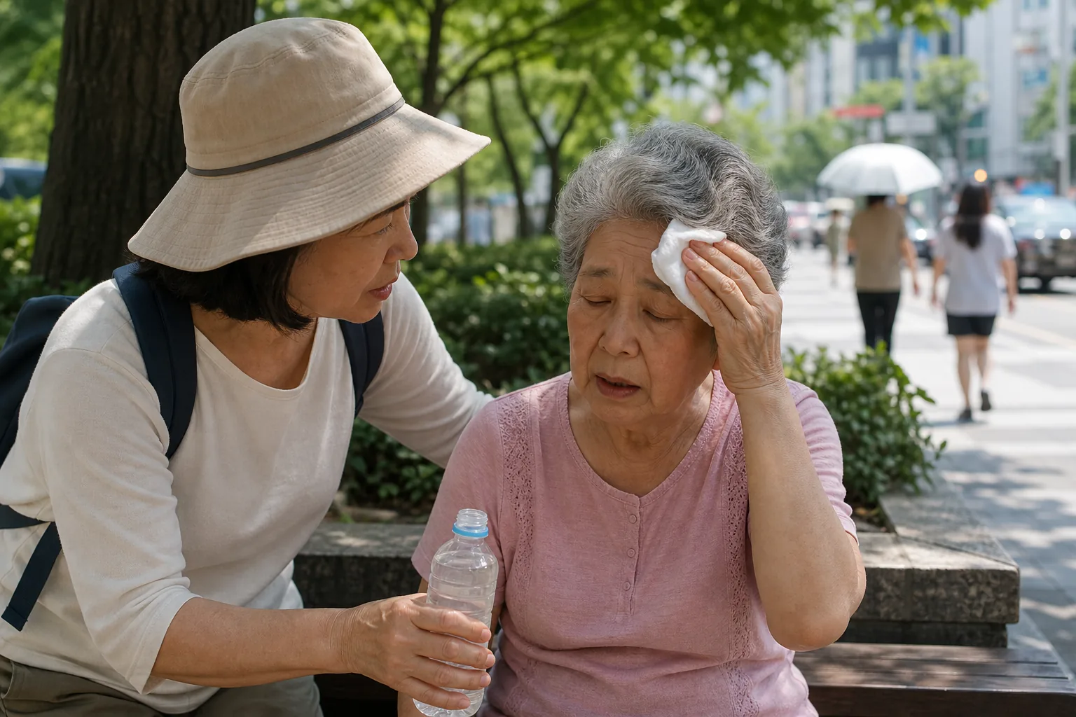 응급실 열사병 대응과 폭염 취약계층 보호를 나타내는 이미지