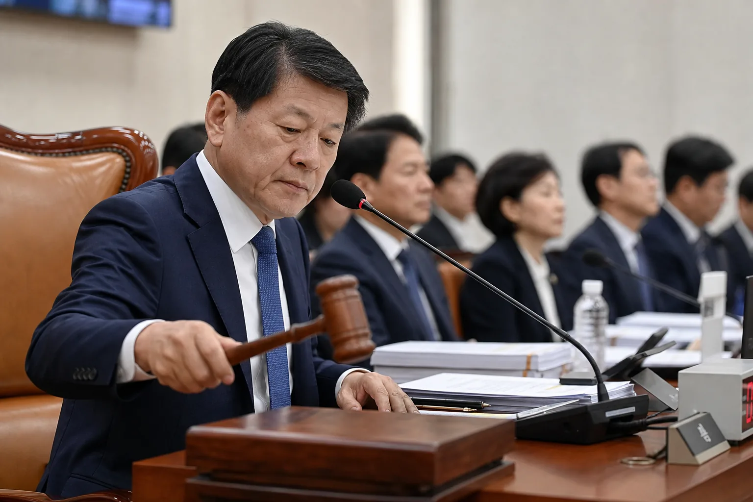국회 상임위원회 회의장과 위원장석을 상징하는 정치 기사 이미지