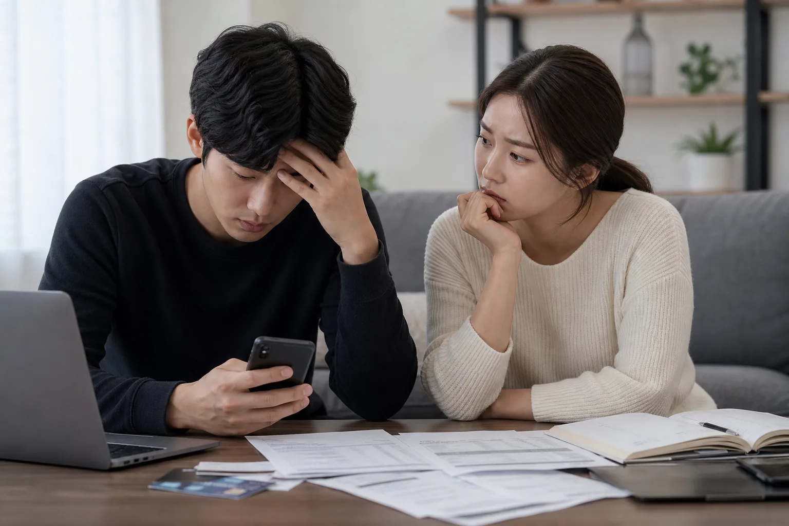 결혼 준비 문서와 금융 알림을 확인하는 예비부부 이미지