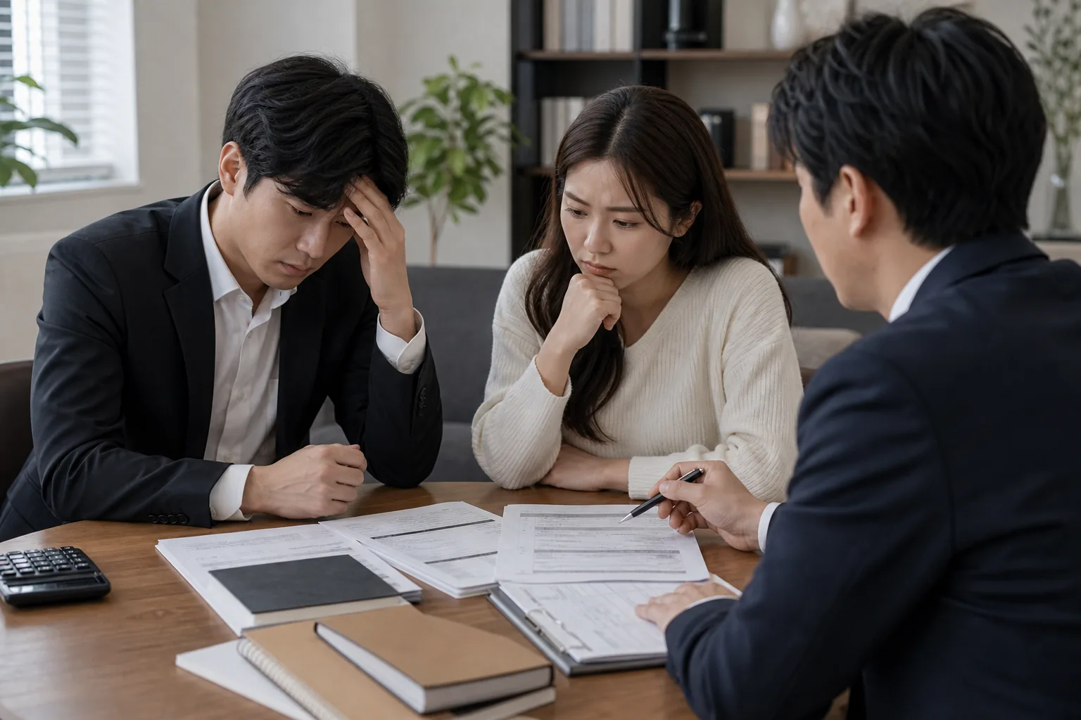 가계 재정표와 상담 자료를 놓고 대화하는 예비부부 이미지