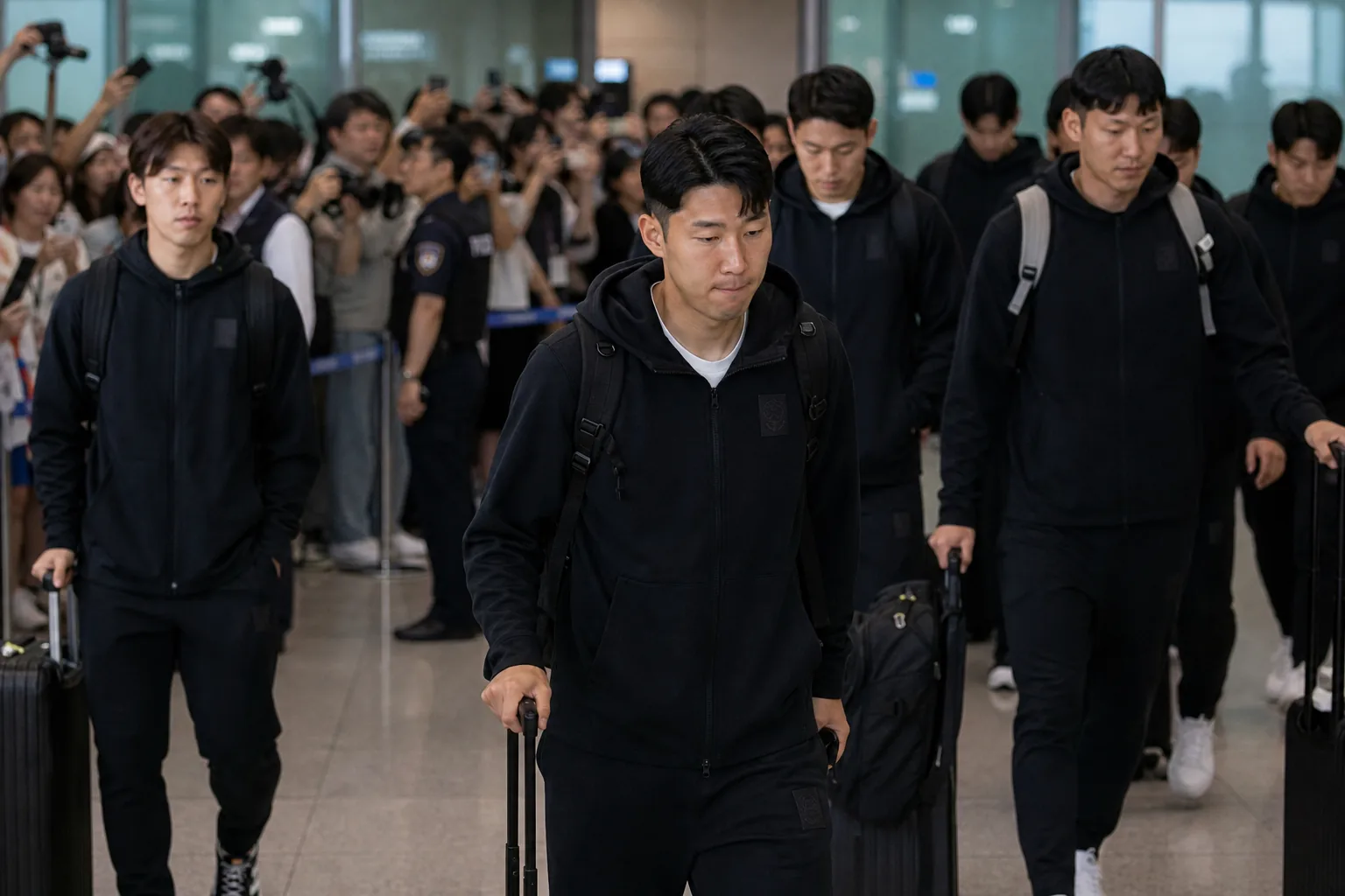 공항 입국장에서 귀국하는 축구대표팀 선수들
