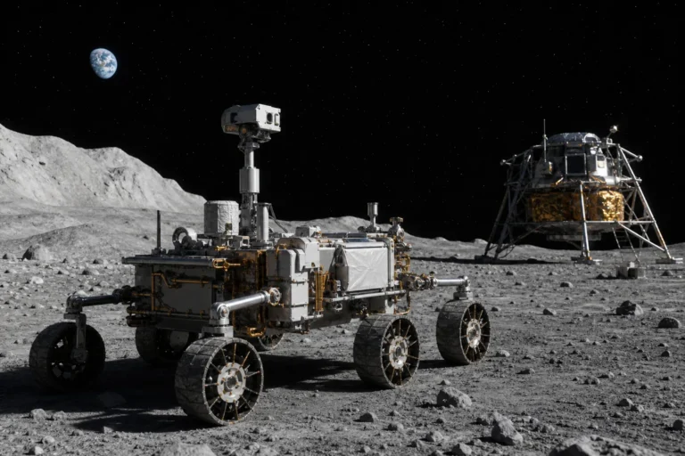 달 남극 표면을 이동하는 NASA 핵동력 탐사 로버 상상도