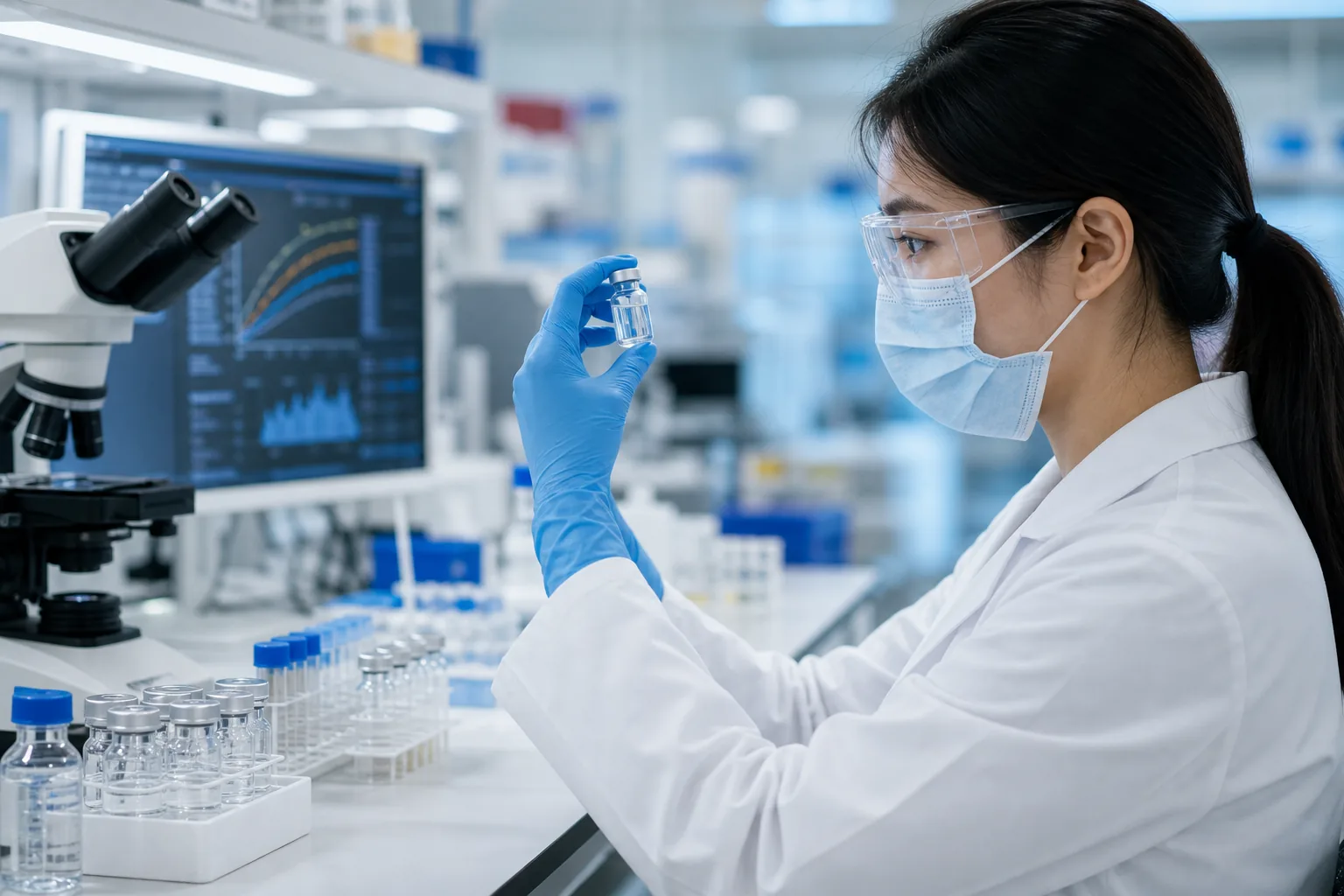 연구실에서 mRNA 백신 데이터를 분석하는 장면