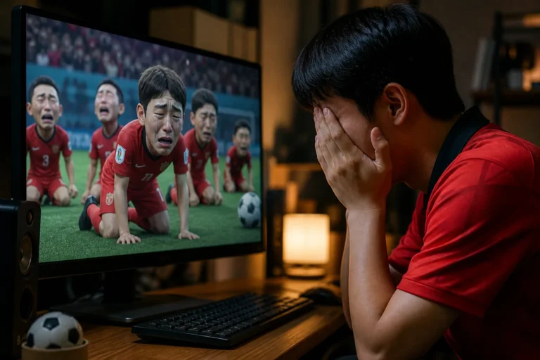 축구대표팀 탈락 이후 확산한 AI 풍자 영상과 온라인 반응을 상징하는 이미지