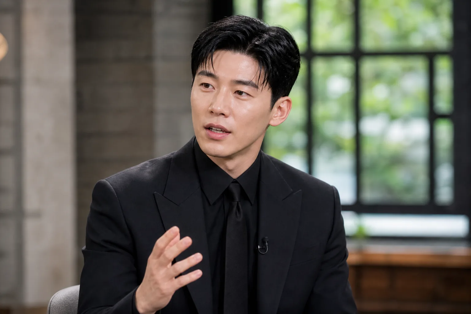 배우가 예능 스튜디오에서 작품 흥행 소감을 말하는 이미지