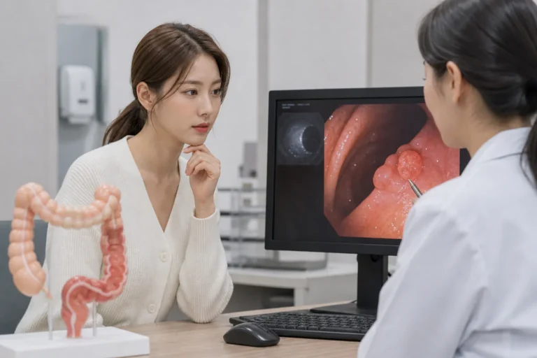 건강검진과 대장 건강 관리를 상징하는 의료 이미지