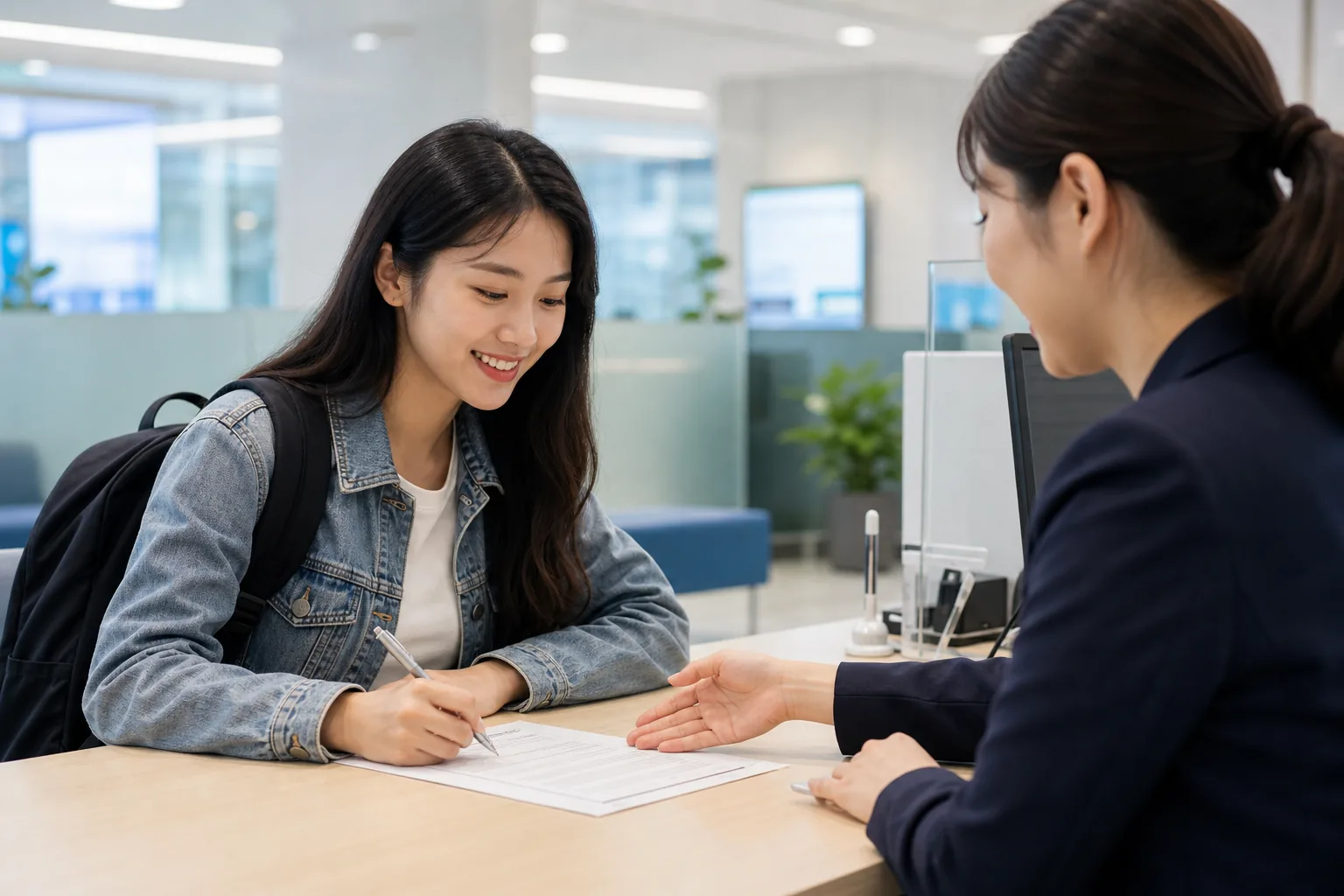 외국인 유학생이 은행 창구에서 통장과 카드를 개설하는 장면