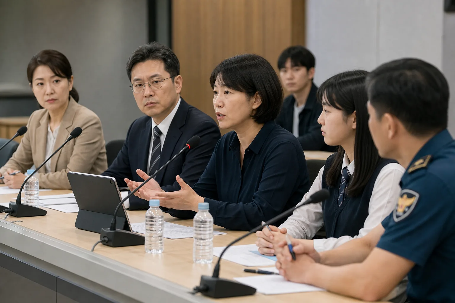 학교 토론회에서 학생 교사 학부모가 학교폭력 해법을 논의하는 이미지