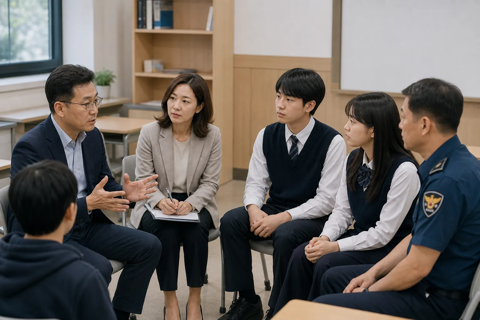 교실에서 학생과 교사가 신뢰를 회복하고 상담하는 이미지