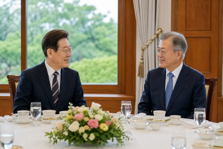 이재명 대통령과 문재인 전 대통령의 청와대 오찬을 상징하는 정치 뉴스 이미지