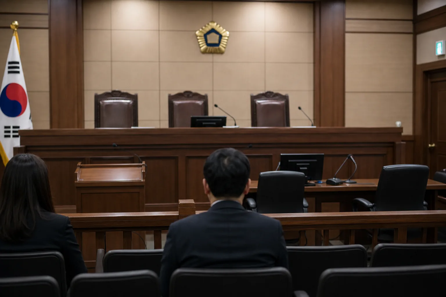 항소심 공판 기일이 연기된 법정 복도와 재판 일정표