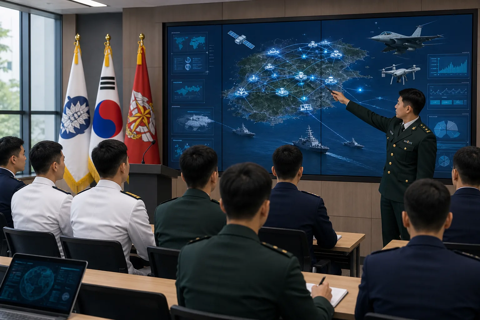 육해공군 장교 교육과 합동성 강화를 표현한 군 교육 회의 이미지