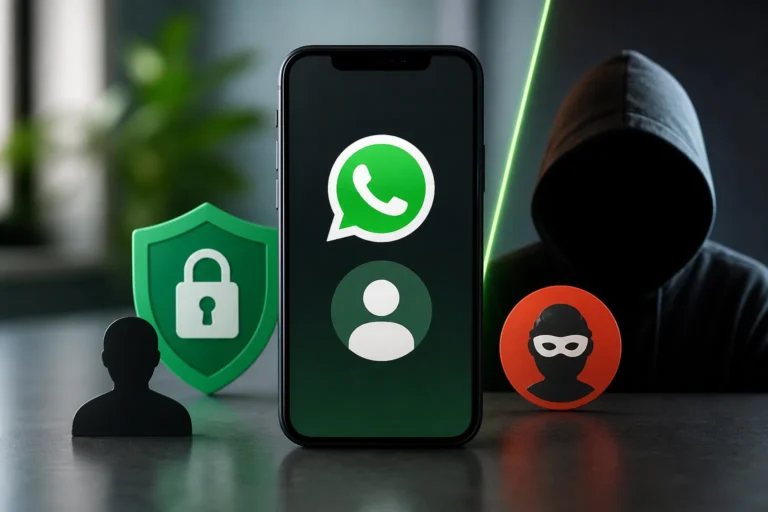WhatsApp 사용자명 기능과 온라인 사칭 위험을 상징하는 보안 이미지