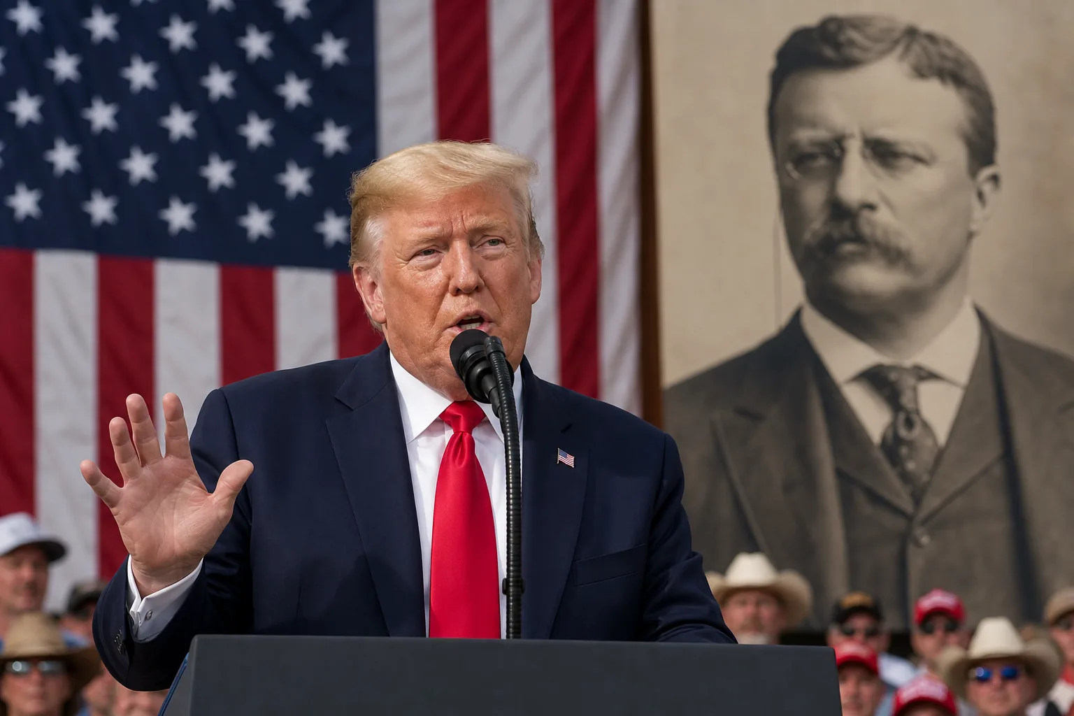 미국 노스다코타 기념행사 연설 장면을 표현한 이미지
