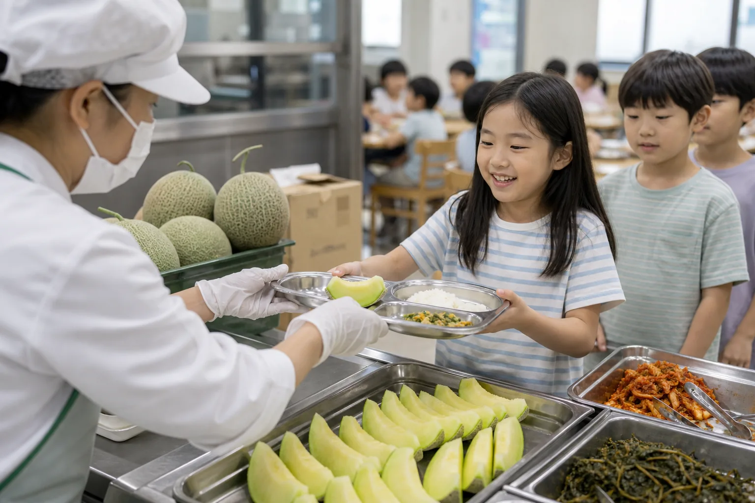 지역 농산물 멜론이 학교급식 식재료로 준비되는 이미지