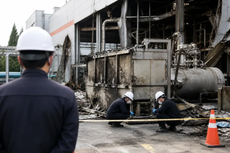 공장 폭발 사고 이후 통제된 산업 현장과 수사 상황 이미지