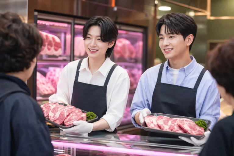 김용빈 추혁진 편스토랑 정육점 일일 판매 방송 장면을 표현한 이미지