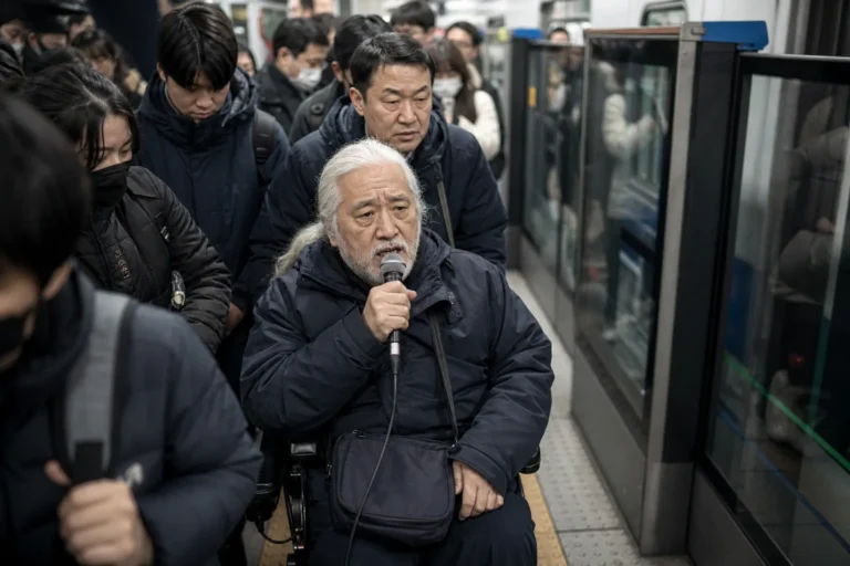서울 지하철역에서 장애인 이동권과 출근길 혼잡을 상징하는 이미지