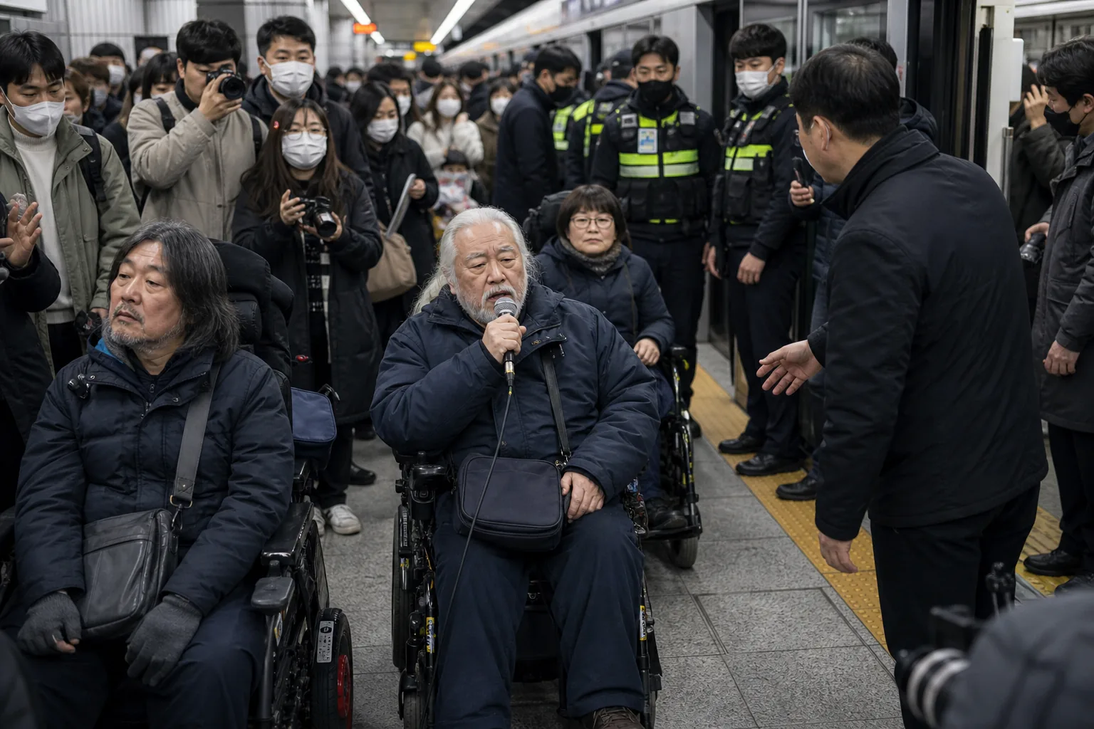 출근길 지하철역에서 휠체어 이용자와 시민이 함께 이동하는 모습