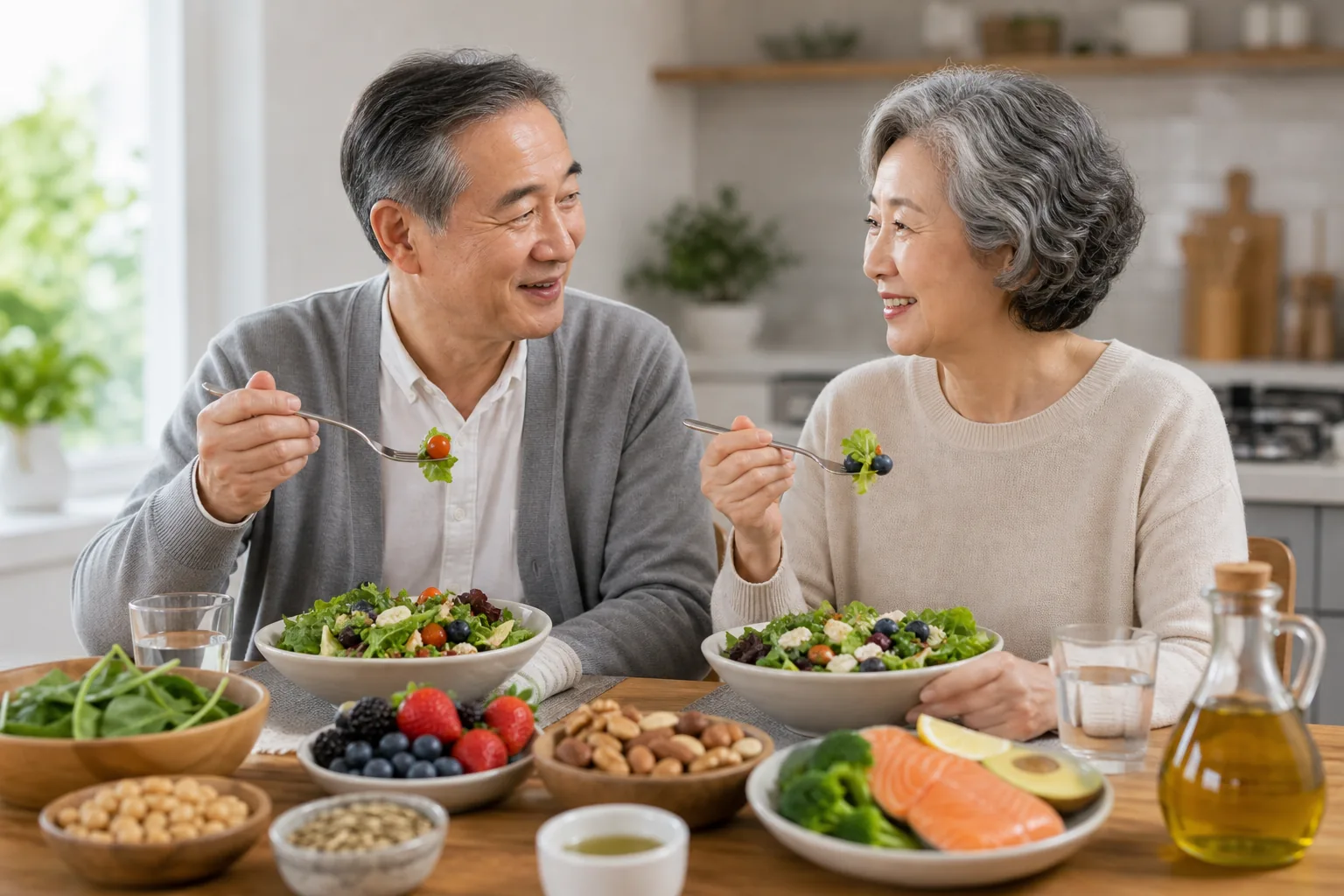 채소 과일 통곡물 생선 견과류 중심의 항염증 식단 이미지