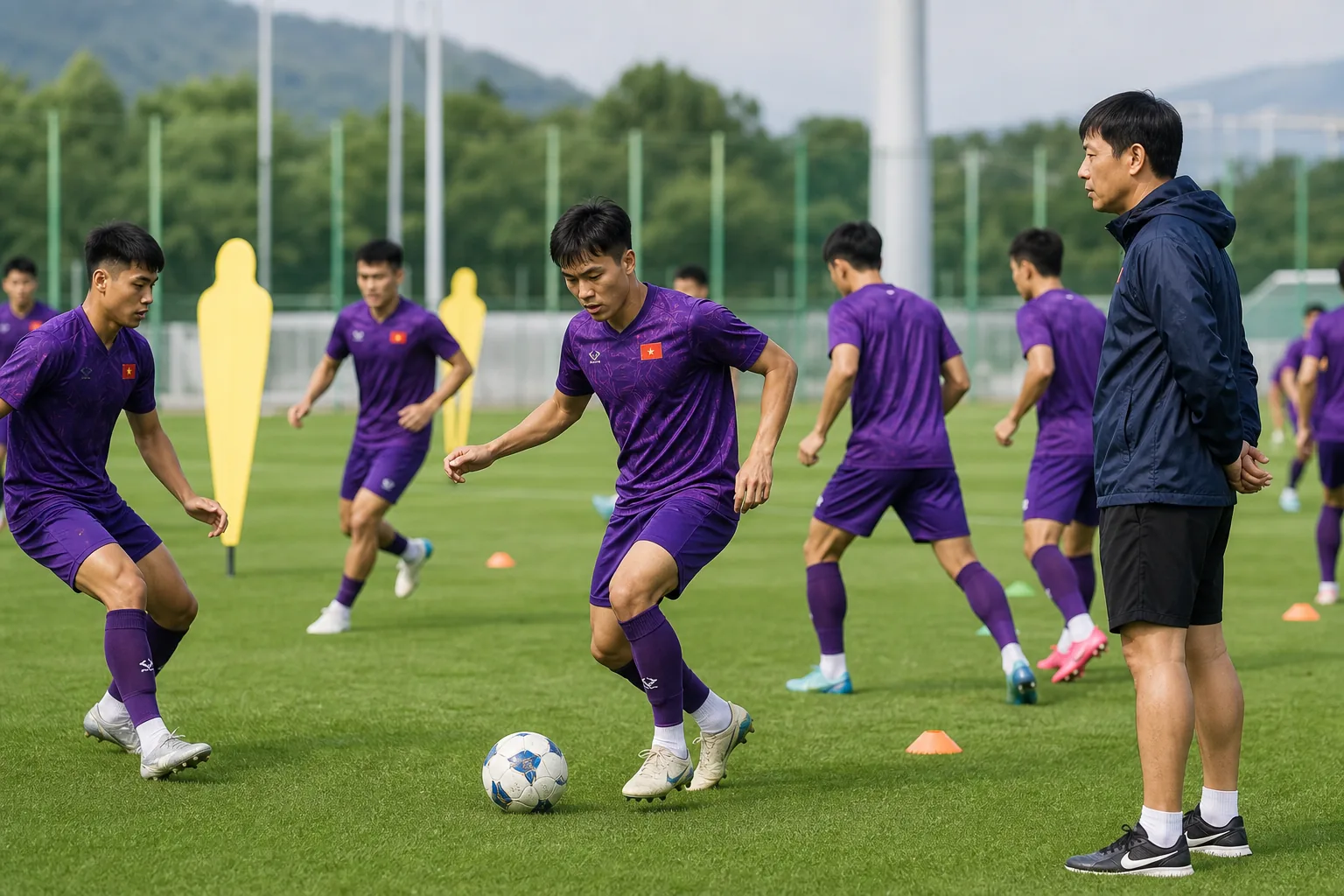 축구대표팀 전지훈련과 전술 훈련 장면 이미지