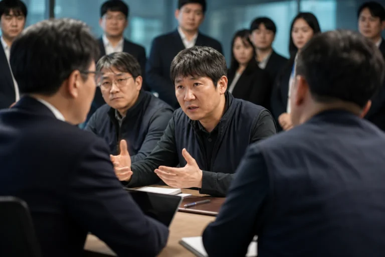 IT 기업 노사 교섭과 정보 보호 논란을 상징하는 회의실 이미지