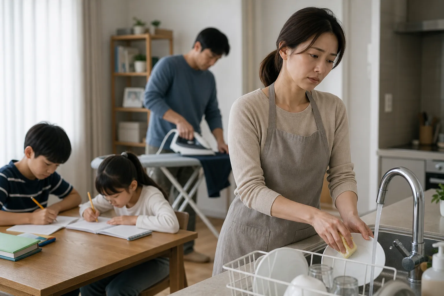 가사와 양육 부담이 한쪽에 치우친 가족 생활 이미지