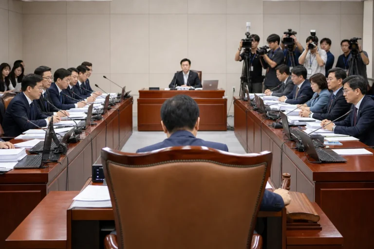 국회 법제사법위원회와 여야 대치를 상징하는 회의장 이미지