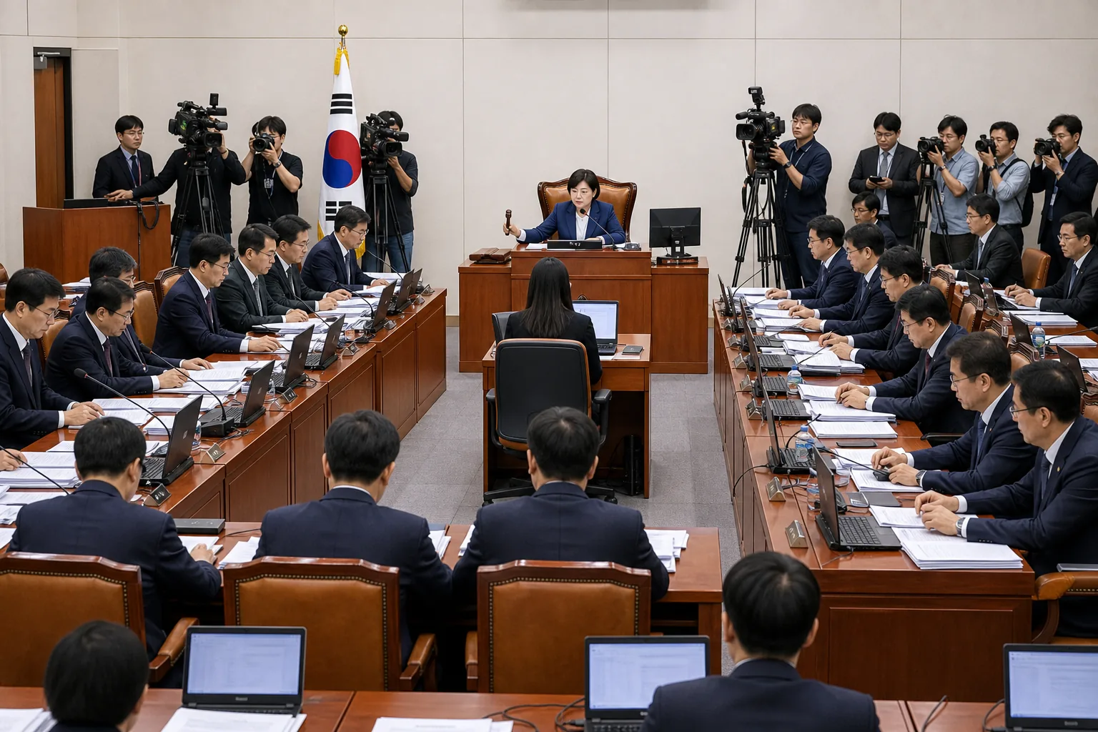 국회 상임위원회 회의장에서 여야가 대치하는 모습의 이미지