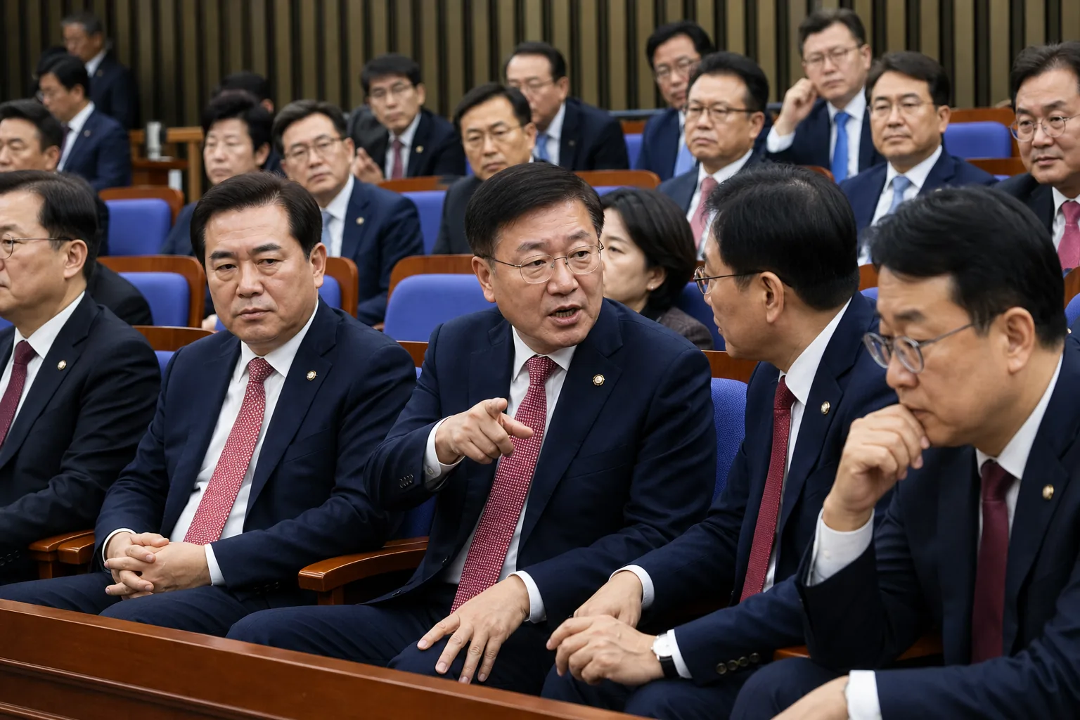 정당 의원총회와 강경 투쟁 논의를 표현한 정치 회의 이미지