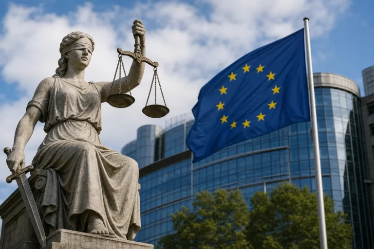 EU 반독점 판결과 구글 안드로이드 규제를 상징하는 법원 이미지