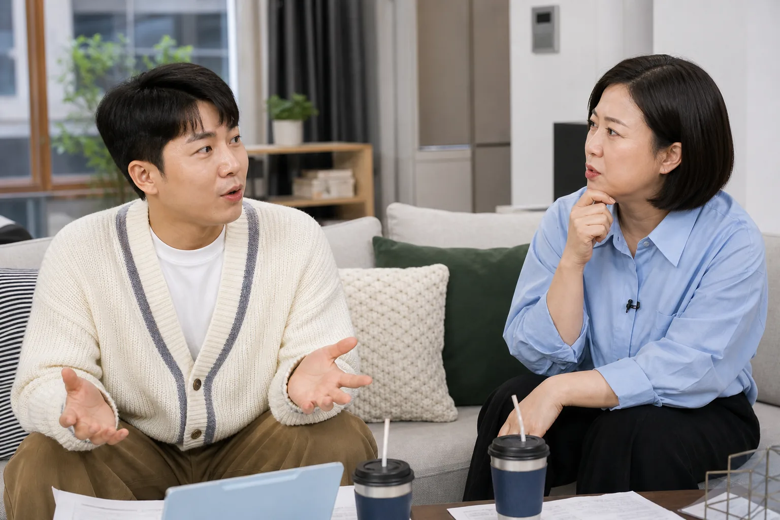 방송 스튜디오에서 연애 경험을 주제로 대화하는 예능 출연진