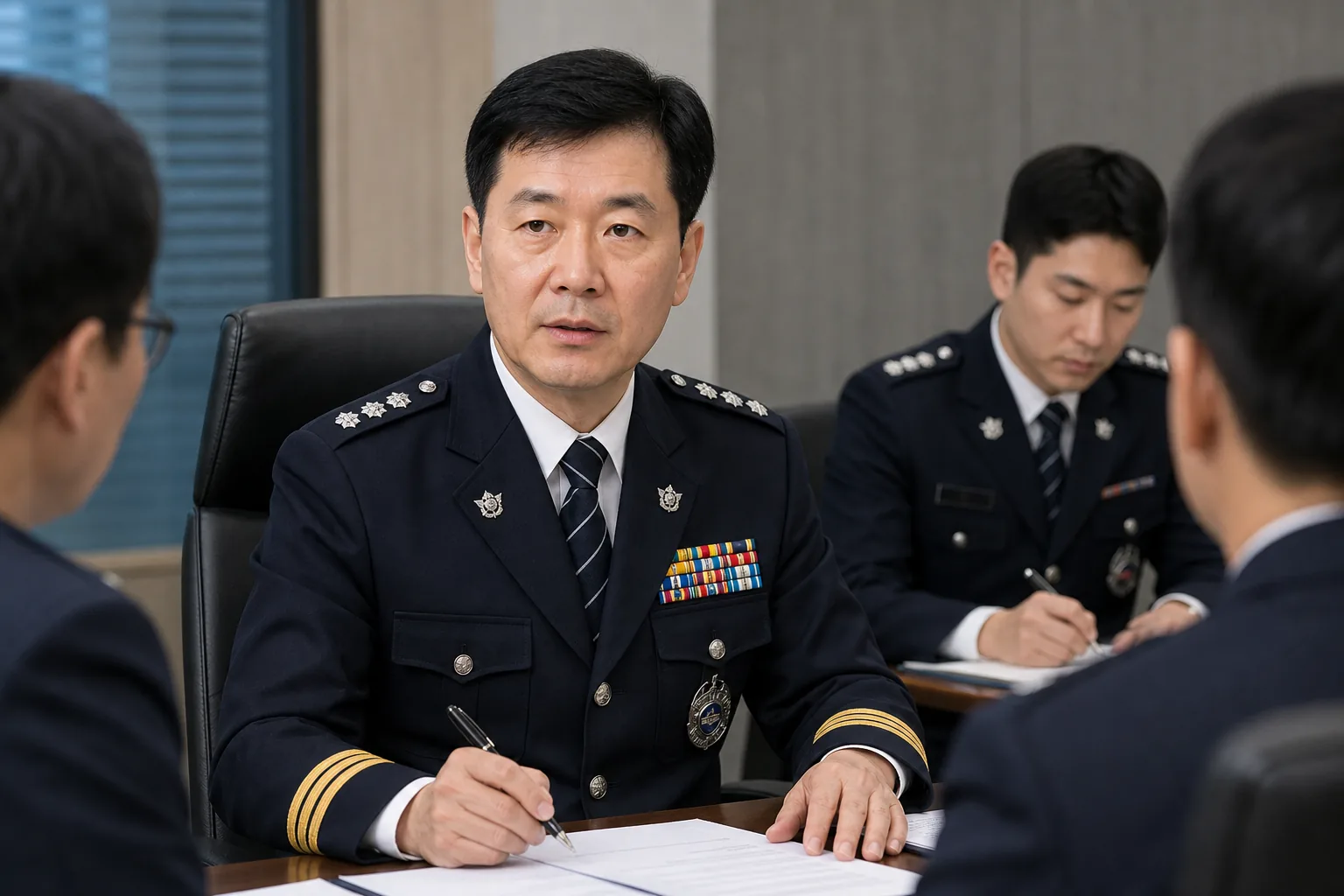 경찰 수사 지휘 회의와 조직 운영을 상징하는 이미지