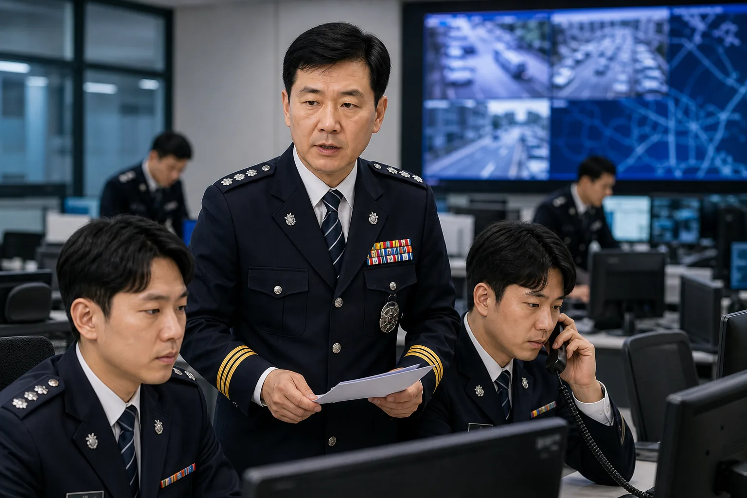 디지털 수사와 공공안전 업무가 결합된 경찰 조직 이미지
