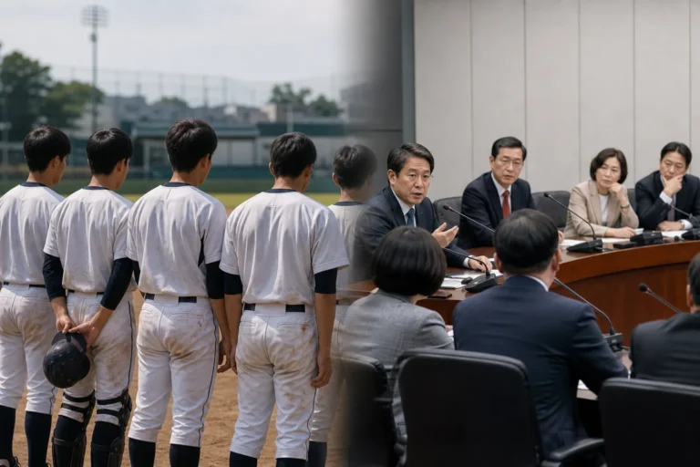 학교 운동부 징계 논쟁과 정치권 반응을 표현한 뉴스 이미지