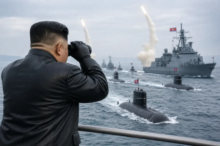 한반도 안보 상황을 상징하는 군사 브리핑 화면과 해상 전력 이미지