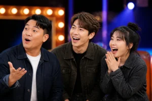 주말 예능 무대에서 활약하는 코미디언들을 표현한 AI 이미지