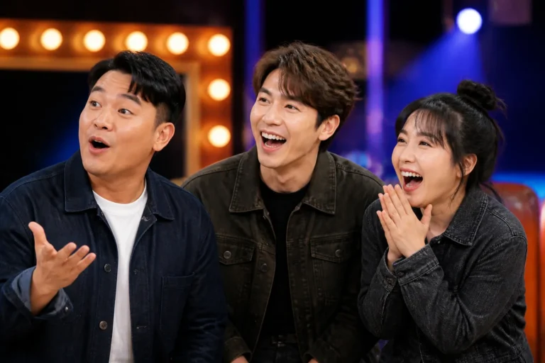 주말 예능 무대에서 활약하는 코미디언들을 표현한 AI 이미지