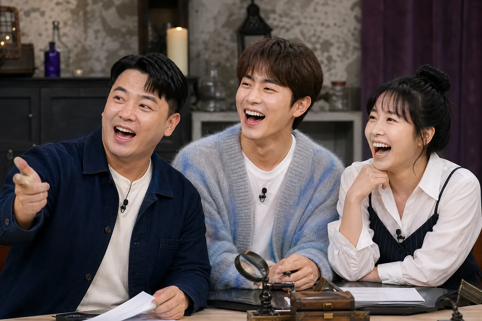 방송 예능 녹화장에서 코미디언들이 리액션하는 장면을 표현한 AI 이미지