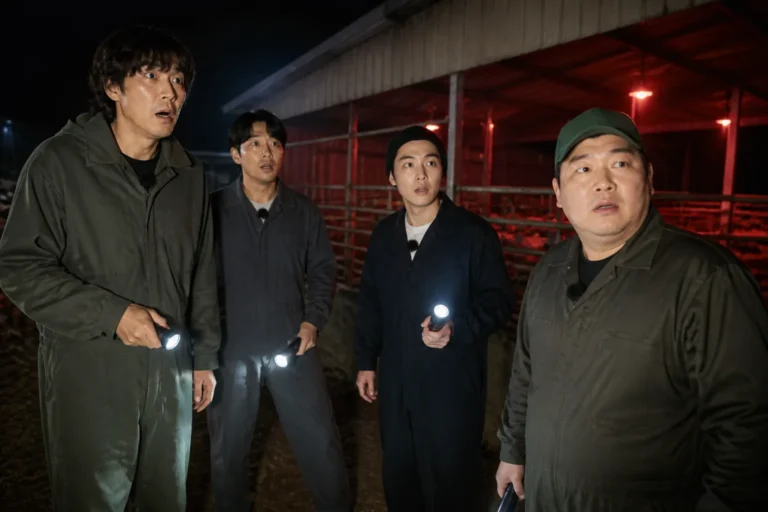 한밤 목장 순찰에 나선 예능 출연자들의 긴장된 분위기