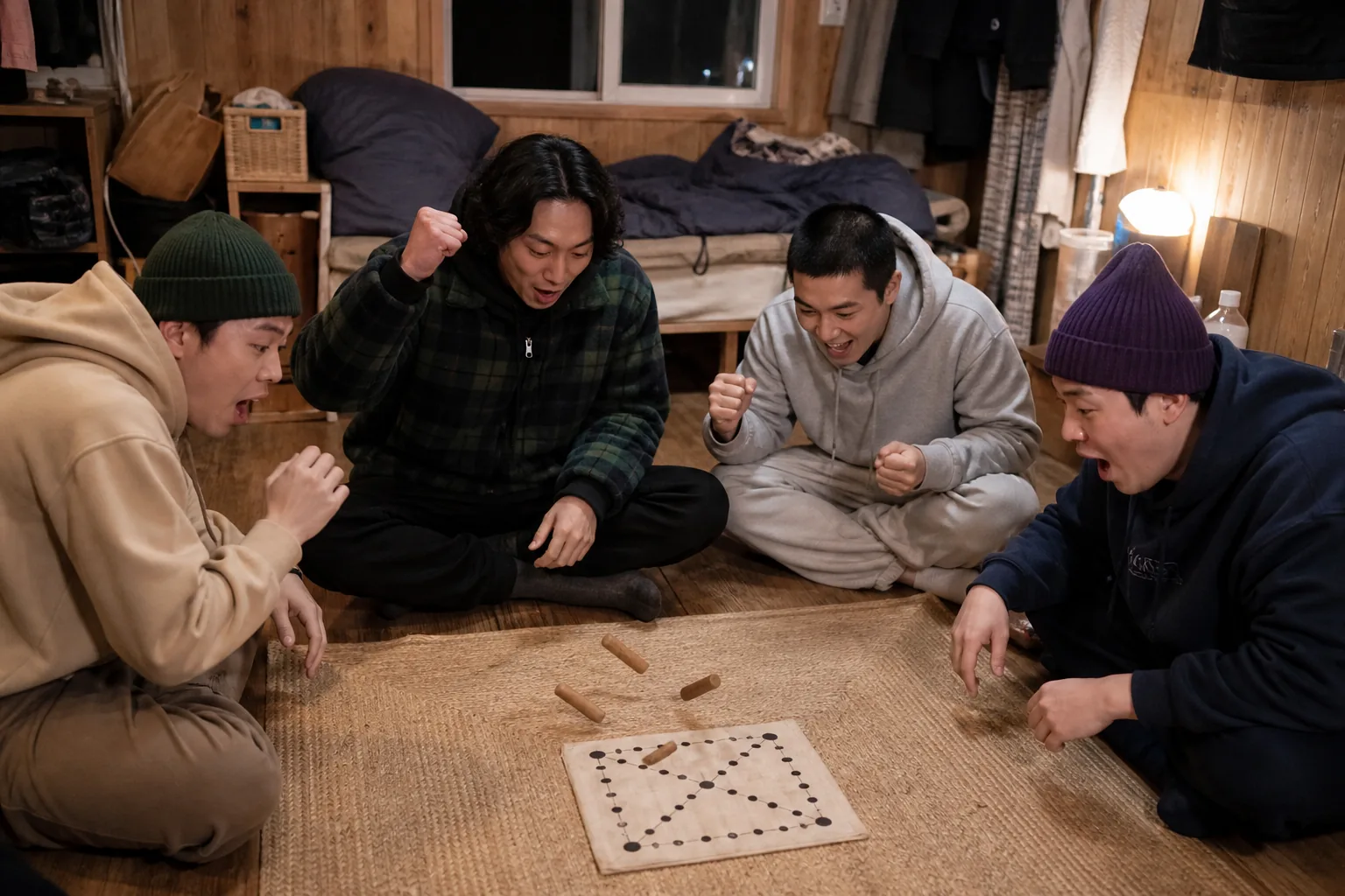 숙소에서 팀전 게임을 벌이는 예능 출연자들의 유쾌한 분위기
